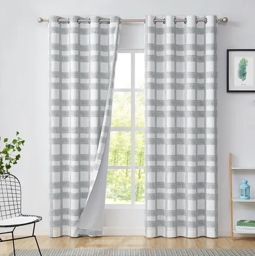 Vista 15 de Central Park Cortina opaca a cuadros blancos y grises para ventana, panel geométrico para dormitorio, sala de estar, con ojales en la parte Gris