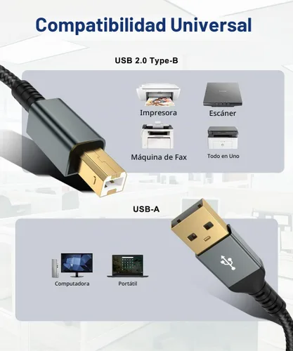 Vista 7 de 10FT USB Printer Cable - High Speed 2.0 Printer Cord, USB-B Cable, B to A Scanner Cord Compatible with HP, Canon, Epson, Dell, Brother, Lexmark Gris