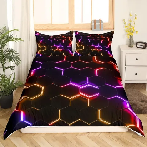 Vista 20 de Funda de edredón de panal para niños, hombres y niñas, juego de ropa de cama moderno con temática geométrica hexagonal, diseño de cuadrícula