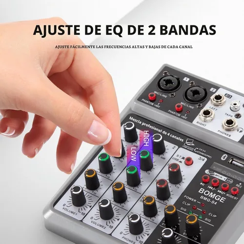 Vista 7 de BOMGE Mezclador de Audio Profesional, Consola de Mezcla de Placa de Sonido con 4 Canales Digital USB Bluetooth Efecto de Eco y Retrazo, Entrada 48V