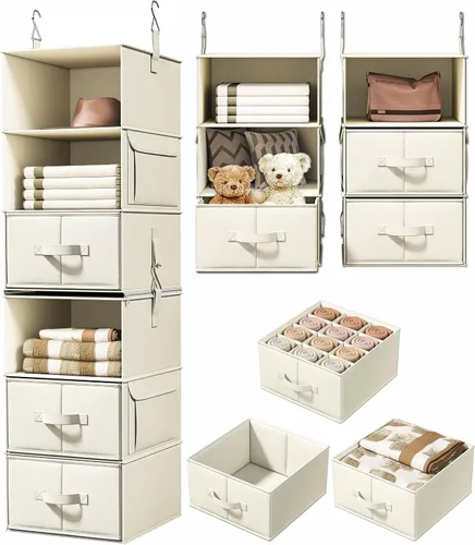 Vista 15 de Vailando Organizador de Armario Colgante de 3 Estantes, Juego de 2 Estantes Colgantes con 2 Cajones para Vestidor, Guardería, Almacenamiento y Beige