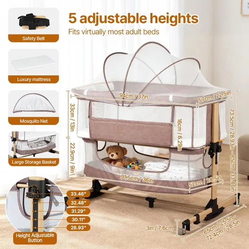 Vista 4 de Moisés para bebé, cuna 3 en 1, cuna mecedora de 5 alturas ajustables, malla completa transpirable, mosquitera, cesta de almacenamiento, moisés Caqui