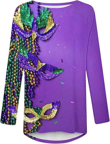 Vista 4 de Camiseta de Mardi Gras para mujer, traje de carnaval, máscara gráfica, talla grande, túnica para leggings, blusa de desfile de manga larga, regalos