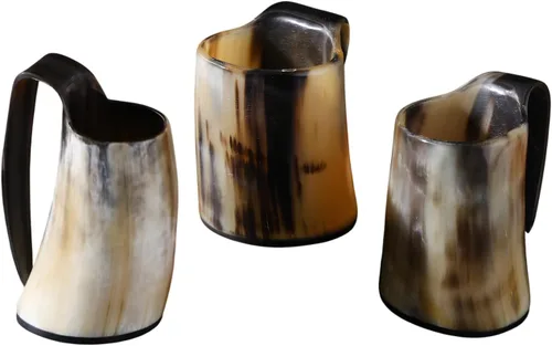 Vista 8 de Handicrafts Home Juego de 2 tazas de cuerno vikingo vikingo, taza de cerveza de cuerno de buey natural real con asa, hecha a mano, medieval, cuerno