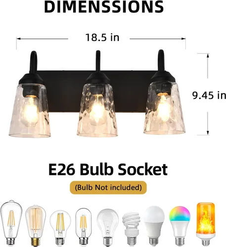 Vista 8 de Lámpara de baño de 3 luces, luces costeras con pantalla de cristal de cristal, lámpara de pared negra para espejo de cocina, pasillo, dormitorio
