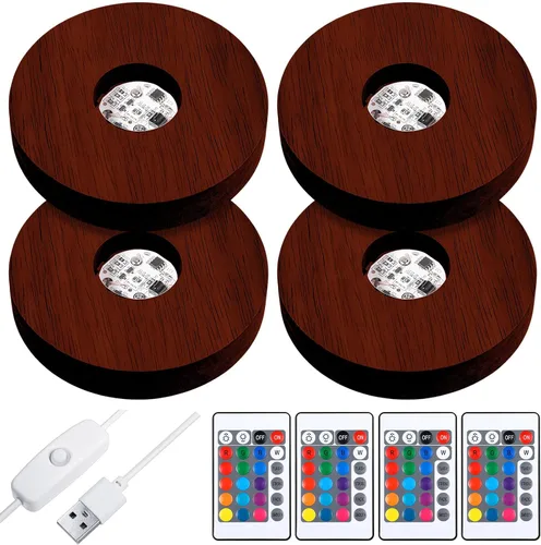 Vista 7 de Riakrum Base de luz LED de madera, 4 piezas, soporte de base de pantalla de cristal, control remoto, redondo, 16 modos de iluminación, soporte Negro
