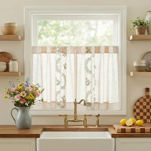 Vista 27 de jinchan Cortinas de lino floral beige para cocina, 24 pulgadas, 2 paneles A Beige