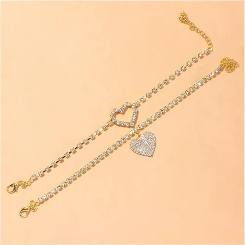 Vista 3 de Pulsera tobillera de cadena de tenis con diamantes de imitación, tobillera con dije de corazón de cristal, pulsera de cadena de pie bohemia