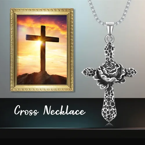 Vista 3 de Collar de cruz para hombre, acero inoxidable 316L, con colgante de crucifijo religioso, joyería de cruz religiosa, regalo de cumpleaños y Navidad