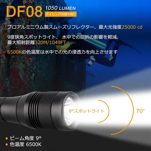 Vista 4 de linterna de buceo LED XM-L2 de 1000 lúmenes impermeable hasta 150 m, lámpara LED para bucear 150m(492Ft) Submersible Light with 9° Narrow Beam