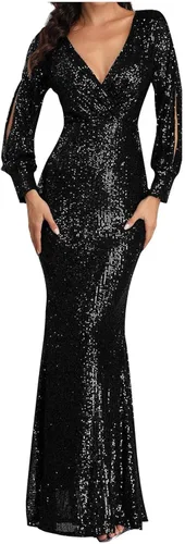 Vista 2 de Sparkly Dresses for Women Long Sleeve Sexy V-Neck Sequined Slim Fit Mermaid Evening Dress Holiday Party Dress