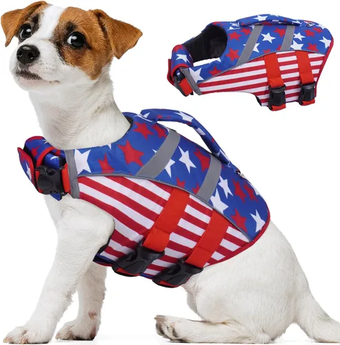Vista 19 de Kuoser Chaleco salvavidas reflectante para perro, chaleco salvavidas para nadar y navegar Chalecos salvavidas ajustables para mascotas, traje