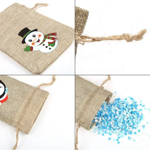 Vista 3 de CCINEE 36 pzas bolsas de lino navideñas con cordones, bolsas de regalo de arpillera navideña con cordones dobles de yute, 4 diseños: muñeco de 36