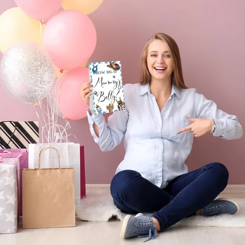 Vista 73 de Sabary 64 Piezas Juegos de Baby Shower Incluyen Letrero How Big is Mommy's Belly Sign Measure Bump Game 50 Tarjetas 10 Lápices 3 Cintas Métricas