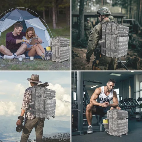 Vista 4 de Mochila táctica militar de camuflaje gris de 45 L, paquete de asalto Molle de 3 días, mochila grande para hombres, senderismo al aire libre