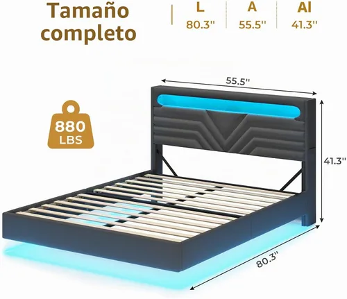 Vista 2 de HAUOMS - Base de cama flotante LED tamaño matrimonial con cabecera de almacenamiento, color gris oscuro Upholstered Full Platform Bed Frame with