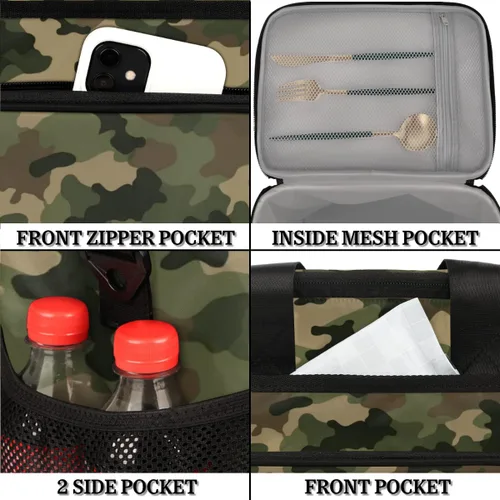 Vista 4 de Lonchera térmica reutilizable a prueba de fugas, bolsa de almuerzo aislada con diseño de camuflaje del ejército con patrón de camuflaje para mujeres