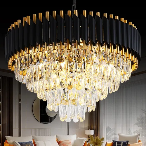 Vista 16 de Candelabro de cristal moderno dorado de 5 niveles para sala de estar, lámpara de araña grande de cristal negro, lámpara colgante de techo