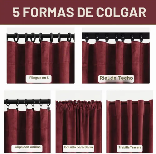 Vista 3 de Cortinas opacas plisadas de terciopelo rojo con ganchos, cortinas de Navidad para sala de estar, cortinas Rojas de Navidad para sala, cortinas