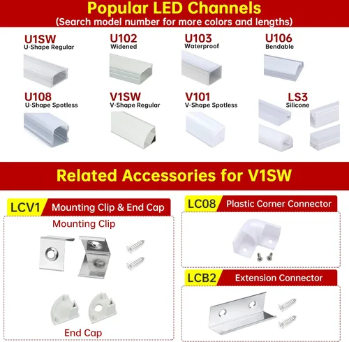 Vista 8 de Muzata Paquete de 10 canales LED en forma de V de 6.6 pies/6.6 ft con canal LED de aluminio plateado con cubierta blanca lechosa iluminación