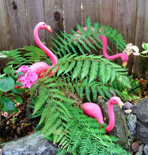 Vista 2 de GiftExpress Decoraciones de patio de flamencos rosados, paquete de 2 estatuas pequeñas de plástico de 14 pulgadas de alto con estacas de metal