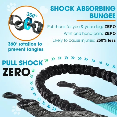 Vista 5 de Correa de perro manos libres con cinturón – Bungee sin tirones, asas acolchadas dobles y bolsa con cremallera para correr, caminar y entrenar – Negro