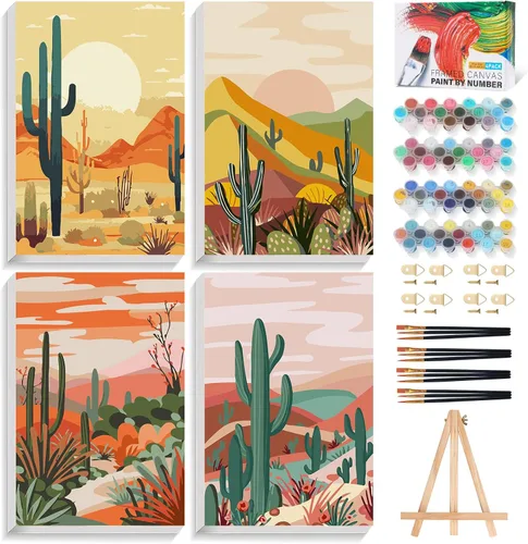 Vista 12 de Offito Paquete de 4 pinturas enmarcadas por números para adultos principiantes con caballete de madera, kit de pintura fácil de paisaje por números