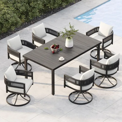 Vista 33 de Juego de comedor al aire libre Grand Patio de 5 piezas para 4, sillas de patio fijas de mimbre tejido metálico con cojines engrosados y 1 mesa