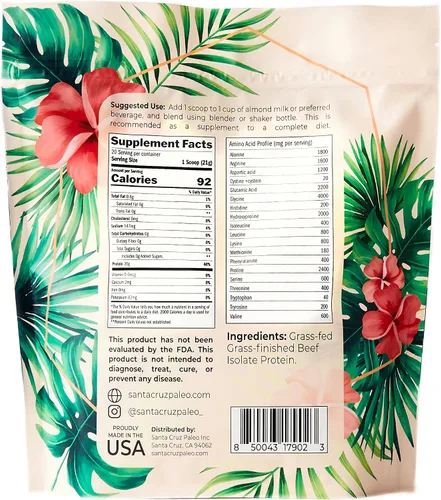 Vista 6 de Santa Cruz Paleo, Polvo de Proteína Aislada de Ternera, Au Naturel, Rico en Péptidos de Colágeno para Batidos de Proteína o Licúados, Sin Gluten