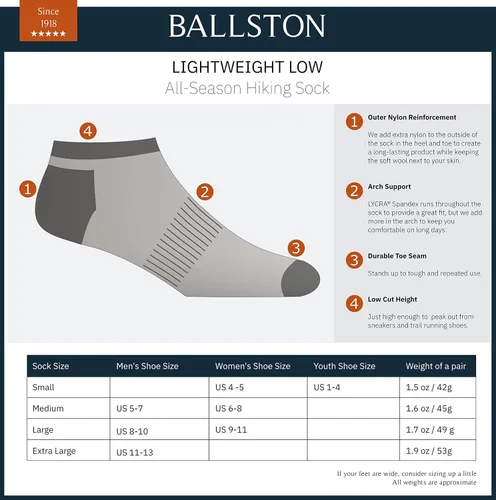 Vista 4 de Ballston - Calcetines ligeros para senderismo (81% lana merina, para todas las estaciones, 4 pares para hombres y mujeres)