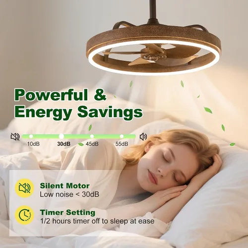 Vista 8 de Farmhouse Fandelier Retro Ceiling Fan with Light, 20" Rustic Brown Dimmable LED Chandelier Ceiling Fans, Low Profile Smart Bladeless Ceiling Fan