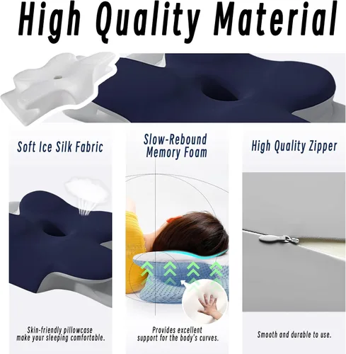 Vista 5 de Almohada cervical para cuello y hombro, almohadas ergonómicas de espuma viscoelástica para dormir con funda de almohada lavable, almohada Azul Oscuro