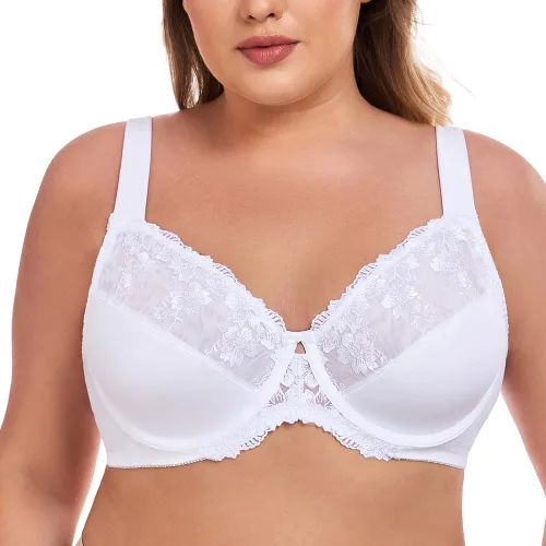 Vista 9 de TELIMUSSTO Brasier con aros de encaje floral de cobertura completa para mujer, talla grande, sin relleno, cómodo Beige