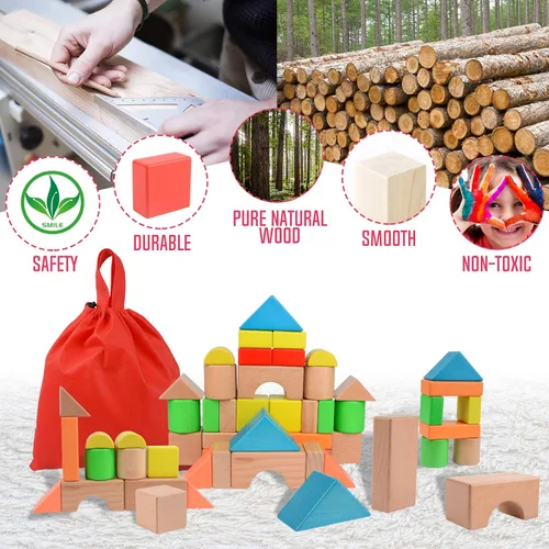Vista 6 de Migargle Juego de bloques de construcción de madera grande - Juguetes educativos de aprendizaje preescolar con bolsa de transporte, bloques
