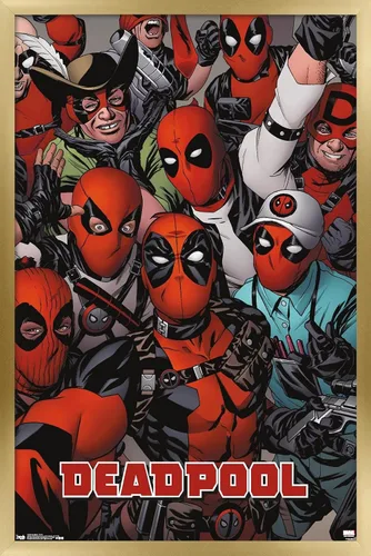 Vista 19 de Marvel Comics Deadpool - Póster de pared con caras, 22.4 pulgadas de largo x 14.7 pulgadas de ancho, versión enmarcada de madera de granero