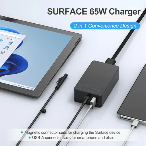 Vista 4 de Cargador para laptop Surface Pro de 65 W, para Microsoft Surface Pro Charger Windows Surface Laptop 6, 5, 4, 3, 2, 1, para Microsoft Surface Pro10