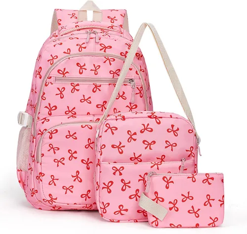 Vista 14 de Mochila con lazo para mujer, mochila kawaii de nailon coquette, juego de 3 piezas, linda mochila para computadora portátil universitaria, mochila