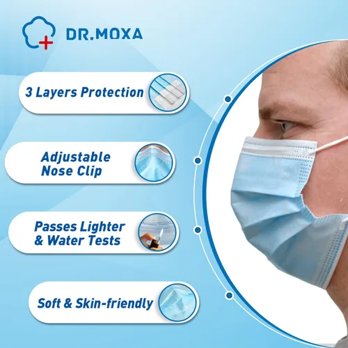 Vista 7 de DR.MOXA Paquete de 50 mascarillas desechables de grado médico de 3 capas para protección, color azul Cómodo, suave, transpirable