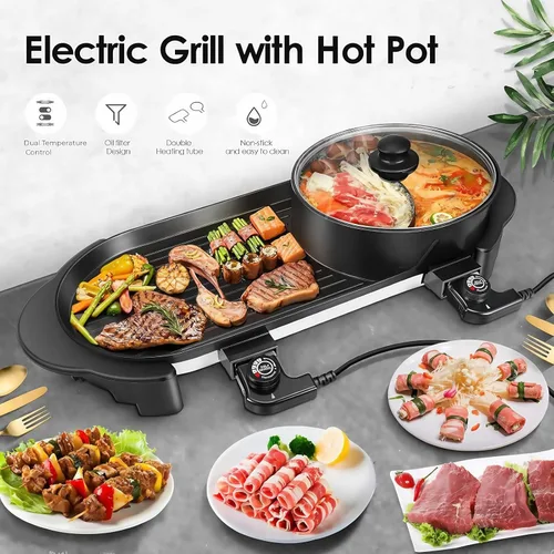 Vista 2 de SEAAN Olla caliente con parrilla, parrilla eléctrica para interiores, Shabu Shabu Shabu Pot coreana sin humo, doble temperatura contral, capacidad