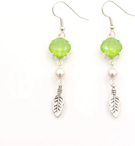 Vista 5 de Lime Green Cushion Crystal Feather Dangle Earring - Charm, Silver Tone 1.75-in