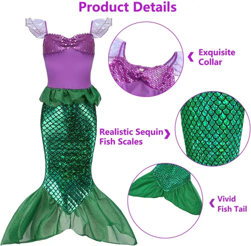 Vista 3 de Oumbivil Mermaid Ariel Costume for Grils Princess Dress Cosplay Birthday Party Halloween Costumes with Wig and Accessories