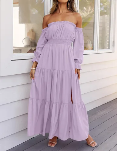 Vista 134 de ZESICA - Vestido largo, bohemio y sexy, con hombros descubiertos y manga larga fruncida, con elástico fruncido, cintura alta y abertura lateral