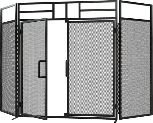 Vista 6 de Fire Beauty - Pantalla para chimenea de 3 paneles plegable con puertas magnéticas con bisagras, paneles de hierro forjado sólido, protector contra