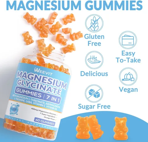 Vista 6 de Gomitas de glicinato de magnesio, glicinato de magnesio con L-treonato, Ashwagandha, L-teanina, suplementos de magnesio para mujeres y hombres