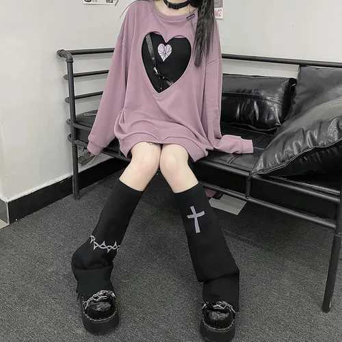 Vista 2 de YEMOCILE Women's Harajuku Kawaii Crew Neck Sweatshirt Oversized Japanese Style Gothic Heart Hollow Tops Pullover