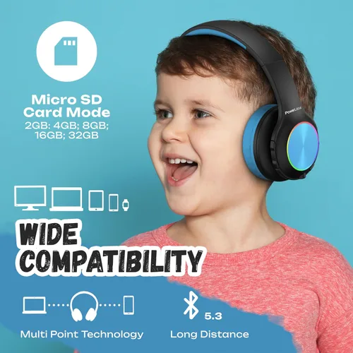Vista 5 de PowerLocus PLED Auriculares Bluetooth para Niños, Auriculares Inalámbricos para Niños con Luces LED, Volumen Seguro de 74/85/94dB, Micro SD, Cable