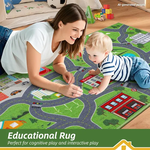 Vista 7 de BEQHAUSE Alfombra de juego para niños, alfombra de tráfico de ciudad verde, ideal para jugar con autos, alfombra de área de juegos de 32 x 60