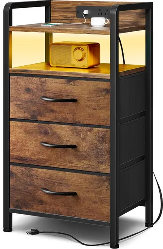 Vista 11 de Lazzanto Mesita de noche para dormitorio, mesita de noche con estación de carga y tira de luz LED, mesita de noche con estante de almacenamiento y 2