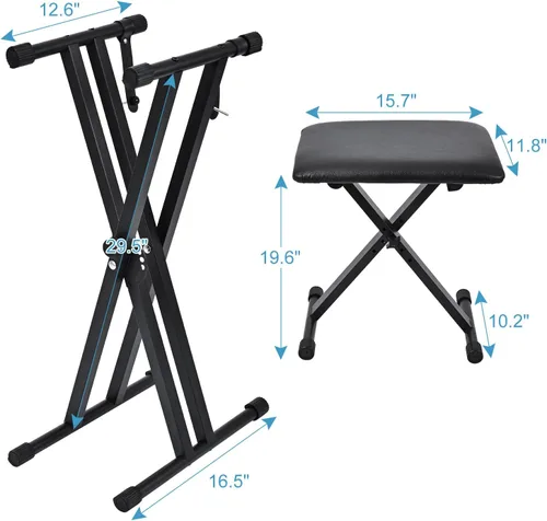 Vista 3 de Keyboard & Bench Set, 2024 Upgrade Heavy Duty Double-X Keyboard Stand, Adjustable & Portable Digital Piano Stand with Locking Straps