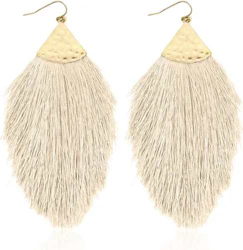 Vista 38 de Aretes bohemios de hilo sedoso con flecos y borlas – Ligeros, colgantes, con hebras y forma de pluma Fleco de plumas - Azul Aqua